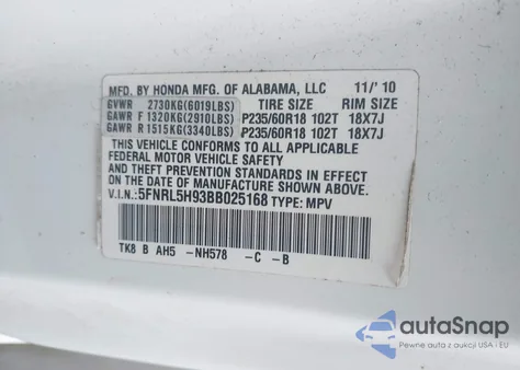2011 Honda Odyssey Touring/Touring Elite from USA, damaged, VIN 5FNRL5H93BB025168